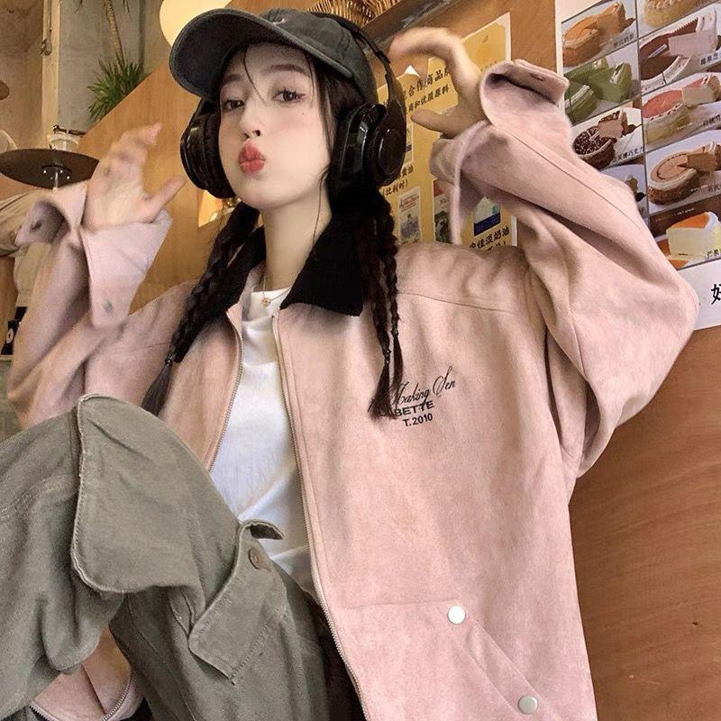 Frühling Herbst Locker Geschnittene Workwear Jacke Damen Rosa Baseballjacke