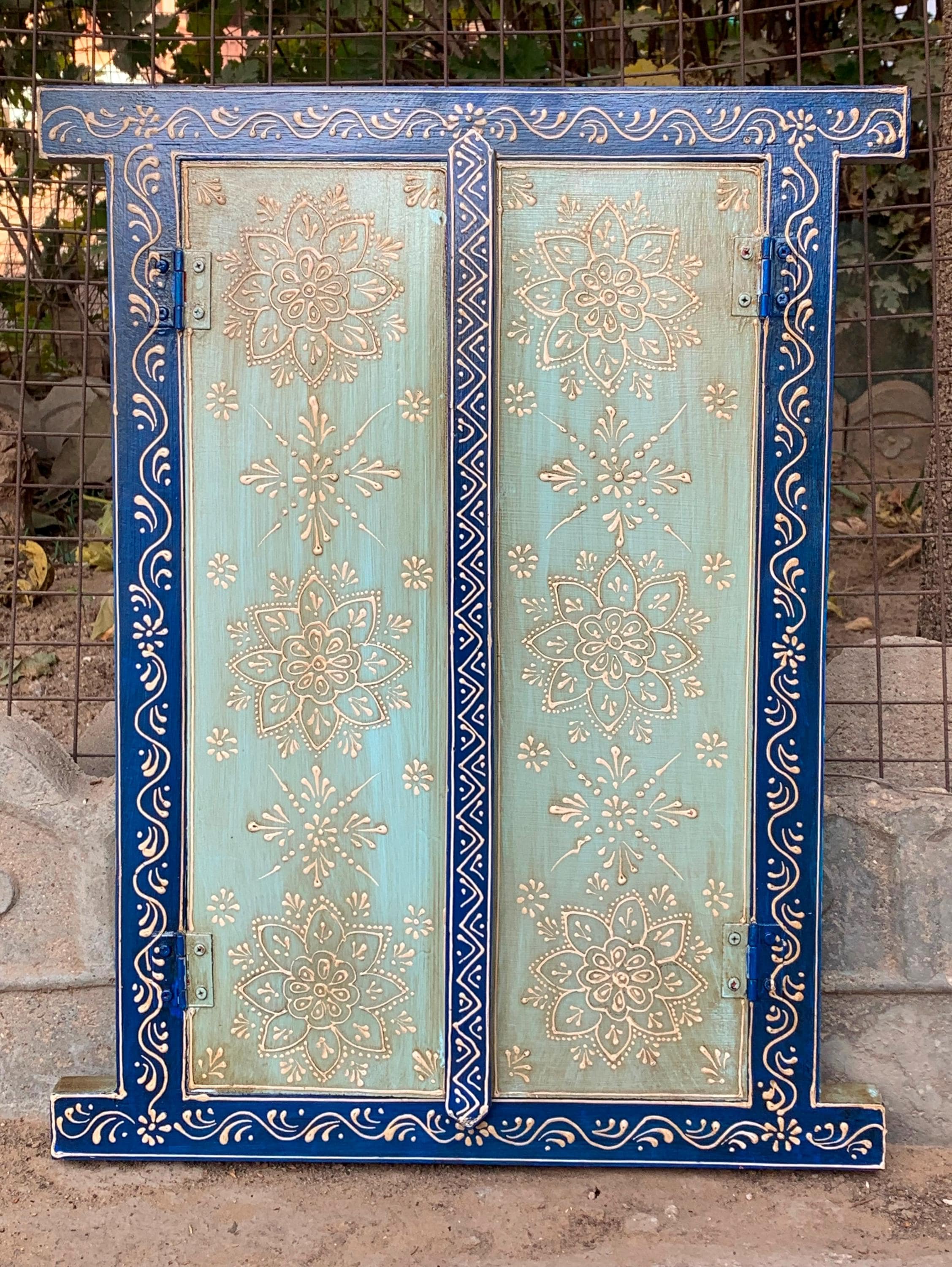 Distressed Blue Hand Painted Wooden Window - Floral Carved Frame - Embossed Painted Jharokha разноцветный