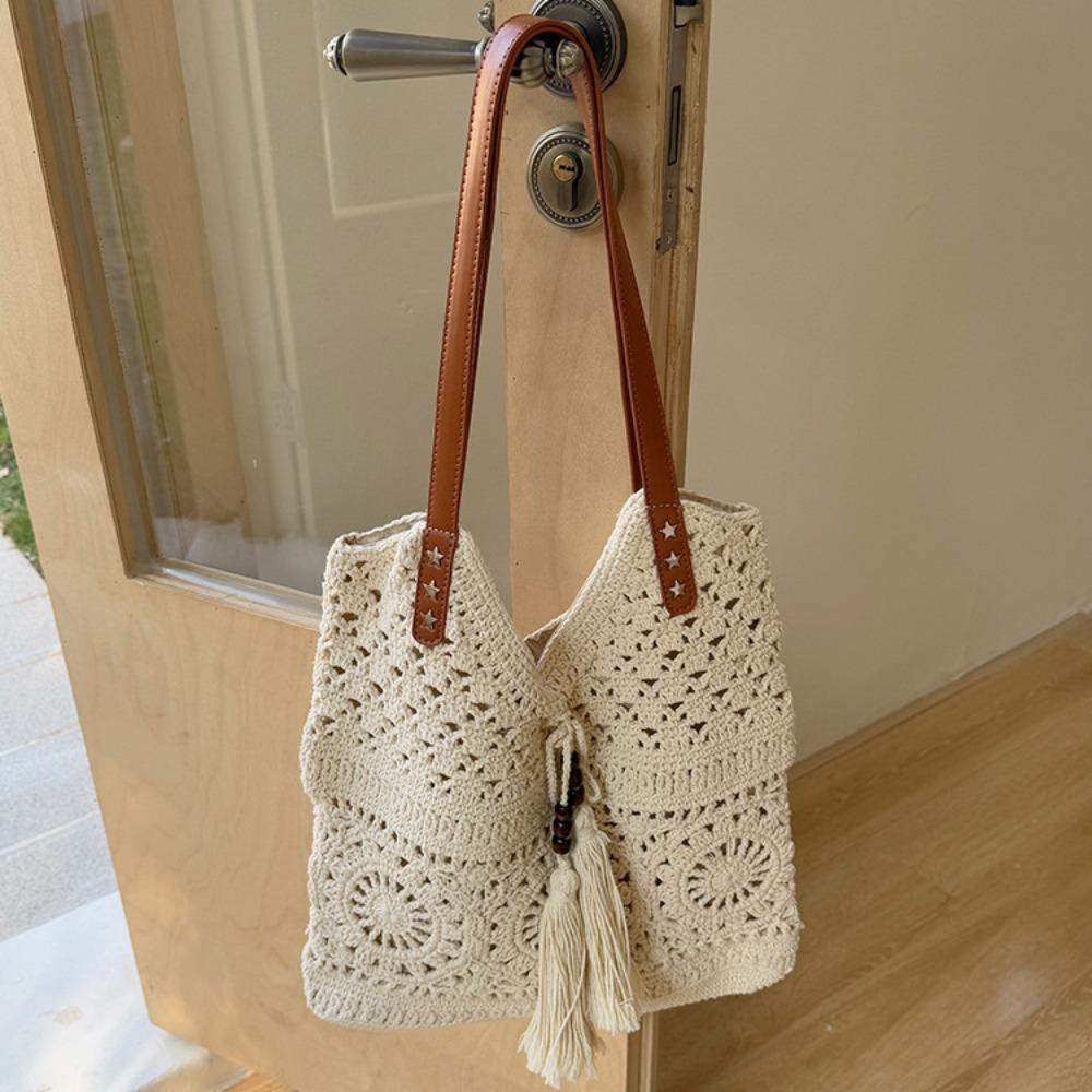 

Simple Bohemian Crochet Tote Bag Hollowed Out Ethnic Style Boho Weave Bag Handbag Large Capacity Knitted Bag Picnic бежевый