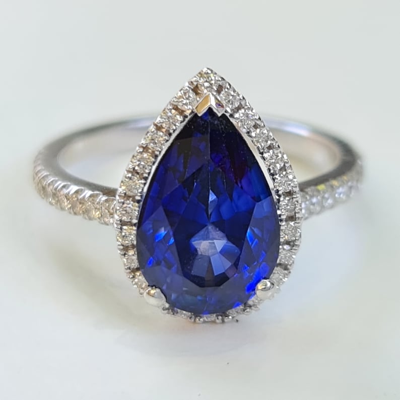 Sapphire engagement ring for women, blue pear sapphire ring, 4.04 carat sapphire natural diamonds, wedding jewelry, Gift for her