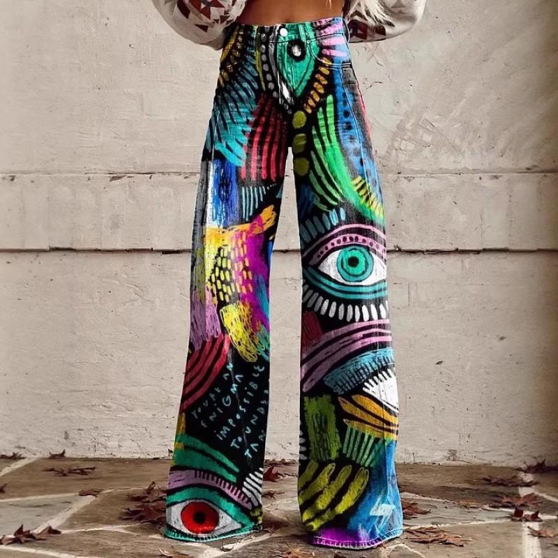Dame Løstsiddende Bomuld Wide Leg Bukser Med 3D Digital Print Streetwear Stil Afslappede Bukser