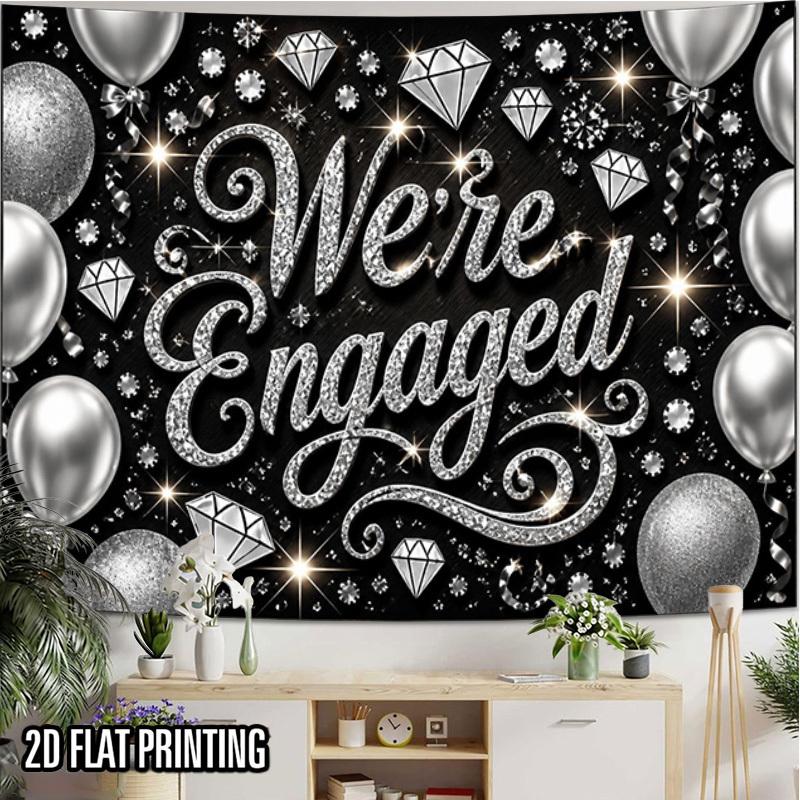 2D Flat, 2D Flat Print 1pc Tapestry We're Engaged Diamond Balloon Wall Hanging Silver Glitter Engagement Decor Photo Booth Backdrop Suitable for Parti