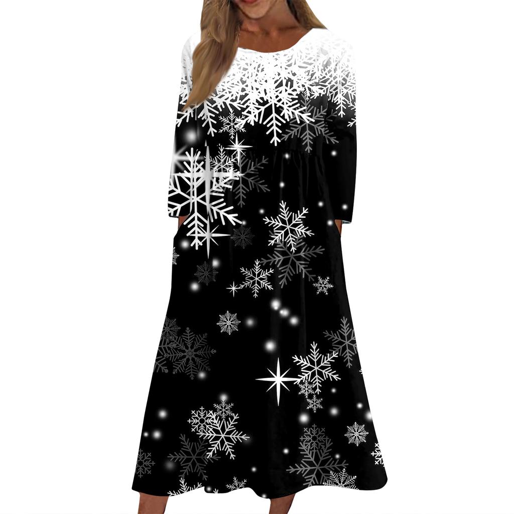 Dámské ležérní midi šaty s kulatým výstřihem a vánočním potiskem, s dlouhým rukávem a kapsou