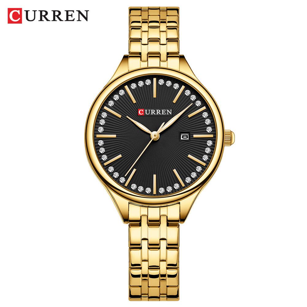 CURREN-Ladies' Luxury Rhinestone Inlaid Fashionable Business Quartz Watch Stainless Steel Simple Waterproof Luminous Calendar Watch