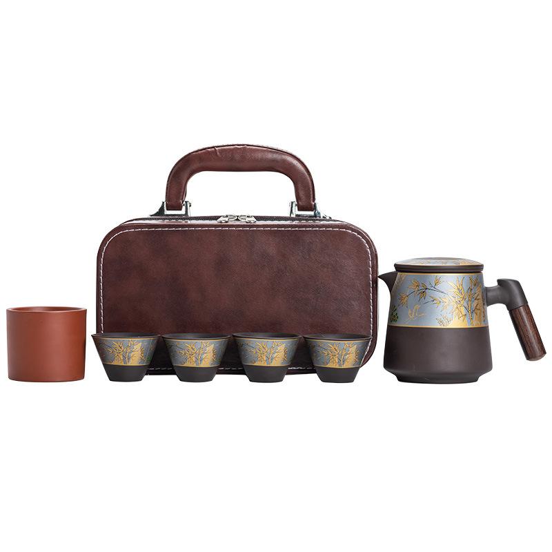 Purple sand travel tea set Kuaike teacup, one pot and four cups, outdoor portable, high-end retro light luxury business gifts