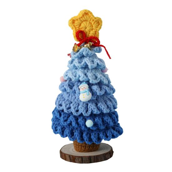 Yousheng Crochet Christmas Tree Small Handmade Multi-layered Knitting Xmas Tree with Woodgrain Base for Winter Tabletop Home Room Party Decor