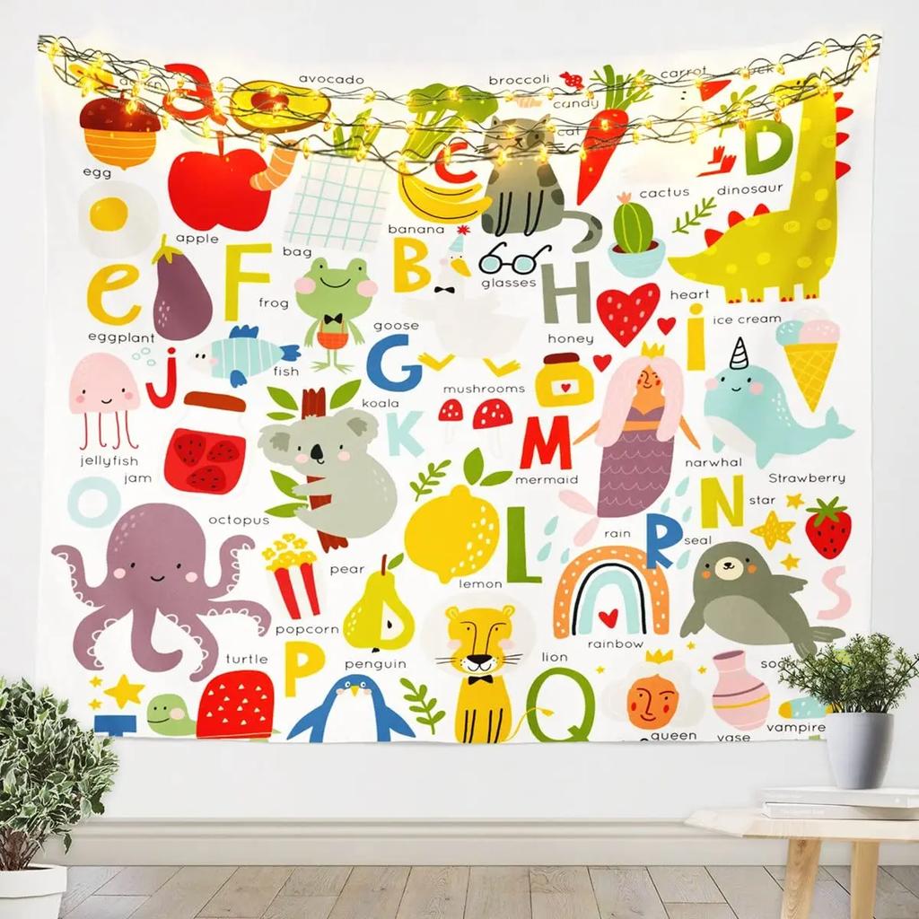 Alphabet Poster Tapestry for Boys Girls Bedroom ABC Learning for Toddlers Cute Dinosaur Art Educational Tapestries Wall Hanging