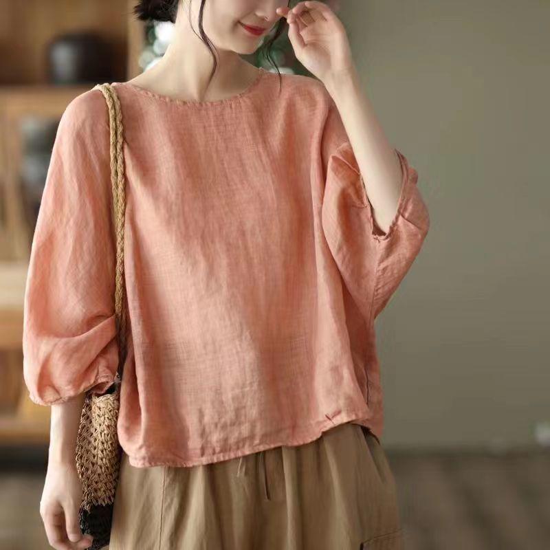 European Batwing Sleeve Cotton-Linen Top - Plus Size, Loose Fit, Tummy-Hiding, Spring/Summer Women's Fashion