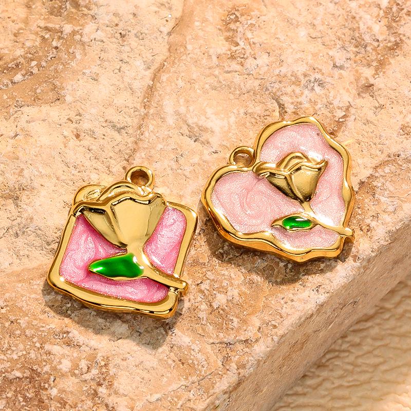 Colorful Geometric Heart Flower Drip Oil Stainless Steel Earrings & Necklace Set