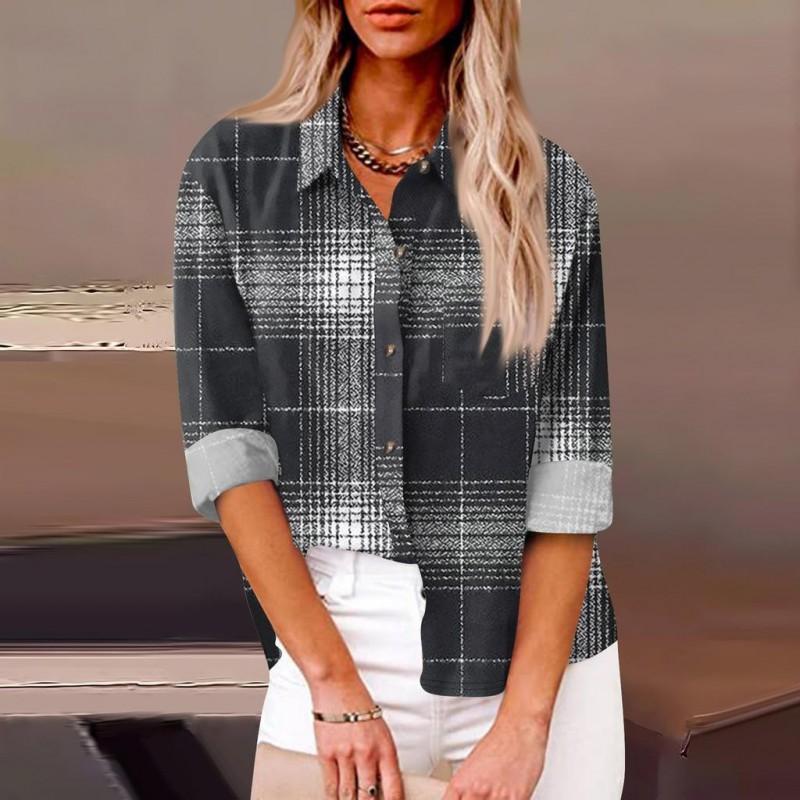 Womens Relaxed Fit Long Sleeve Shirt With 3D Digital Print Plaid Casual Cotton Linen Blouse