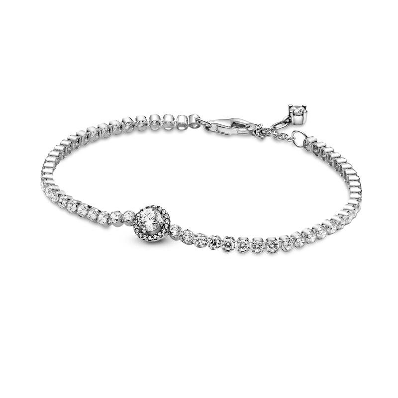 Pandora Glitter Halo Tennis Adjustable 925 Silver Synthetic Cubic Zirconia Bracelet Women's Multicolor Silver 16 Mirror Jewelry Box