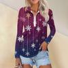 Ladies Spring Autumn Fashion Casual Christmas Printed Zip V-Neck Long Sleeve  Shirt Top