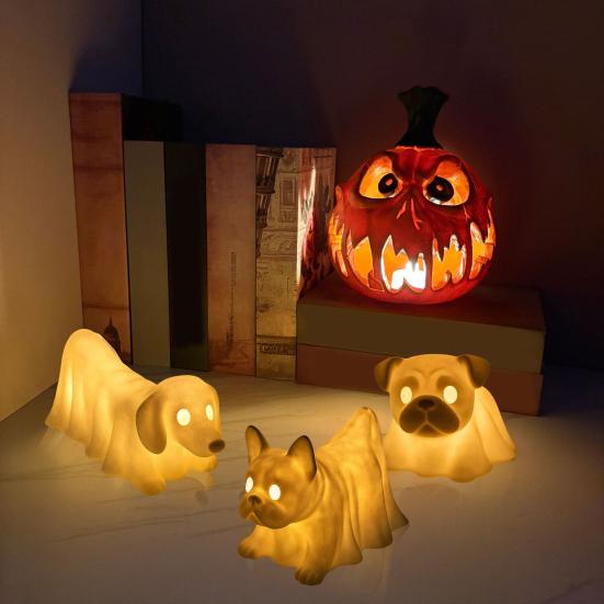 Halloween Ghost Dog Night Lamp Glowing Dachshund Pug French Bulldog Resin Statue Figurine Holiday Party Home Office Decorative Lamp Dog Lovers Gift