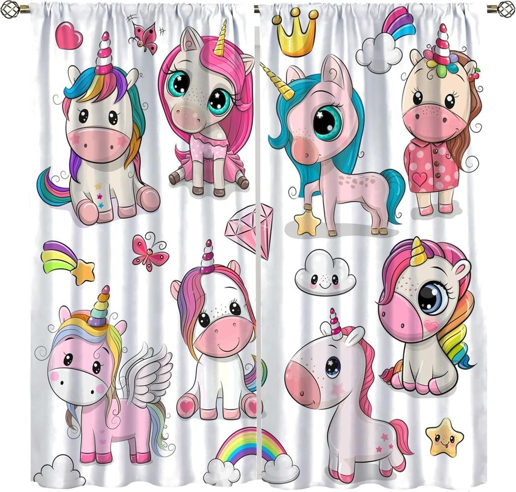 Unicorn Curtains Kids Room Colorful Cute Cartoon Rainbow Clouds Stars Print Window Treatments Drapes Curtain With Rod Pocket Polyester Perfect For