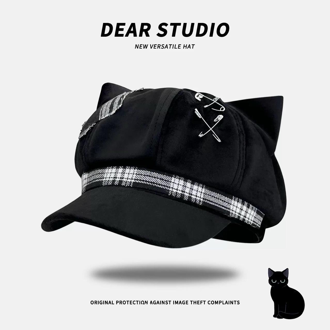

Original Subculture Black Punk House Culture Millennium Spice Girls Beret Children Spring New Versatile Octagonal Hat M（56-58cm）