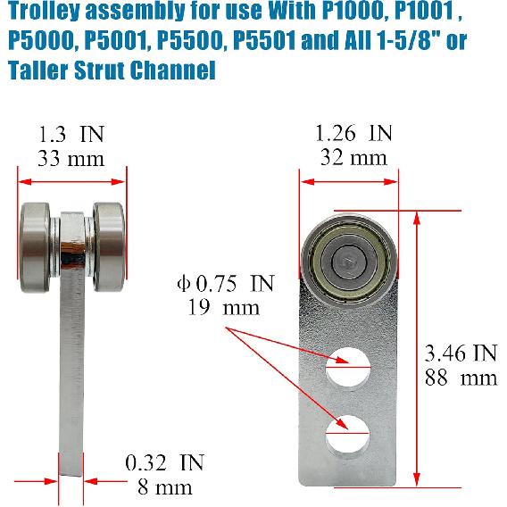 2 Wheel Trolley Assembly Rollers, Two Bearing Trolley Assembly for 1-5/8" Wide and All 1-5/8" or Taller Strut Channel, Trolley Roller Garage Pulley