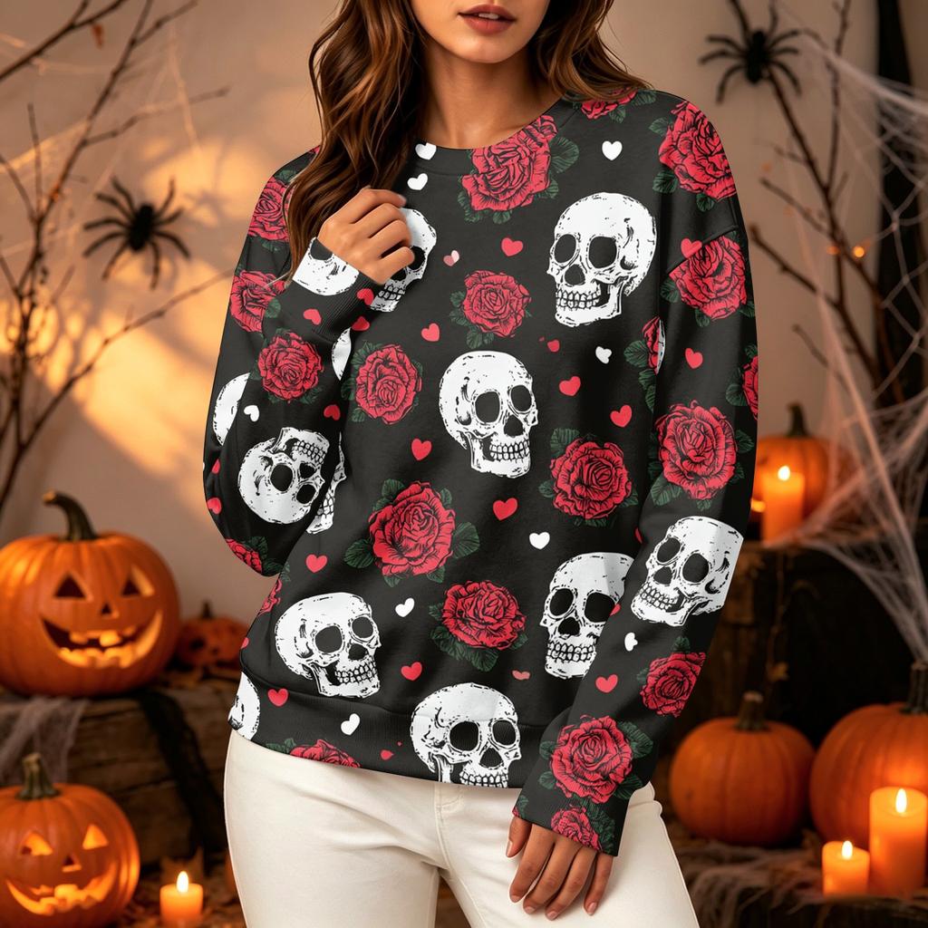 Women's Casual Long Sleeve Halloween Print Neck Sweatshirt
