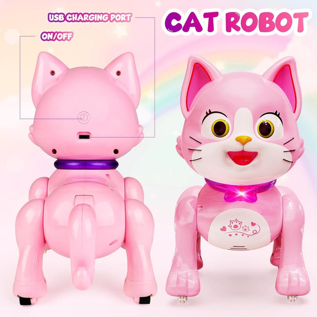 Adorable Remote Control Robot Dancing Cat, Interactive walking Pet Toy for Kids, LED Rechargeable Toys, Girls birthday Gift