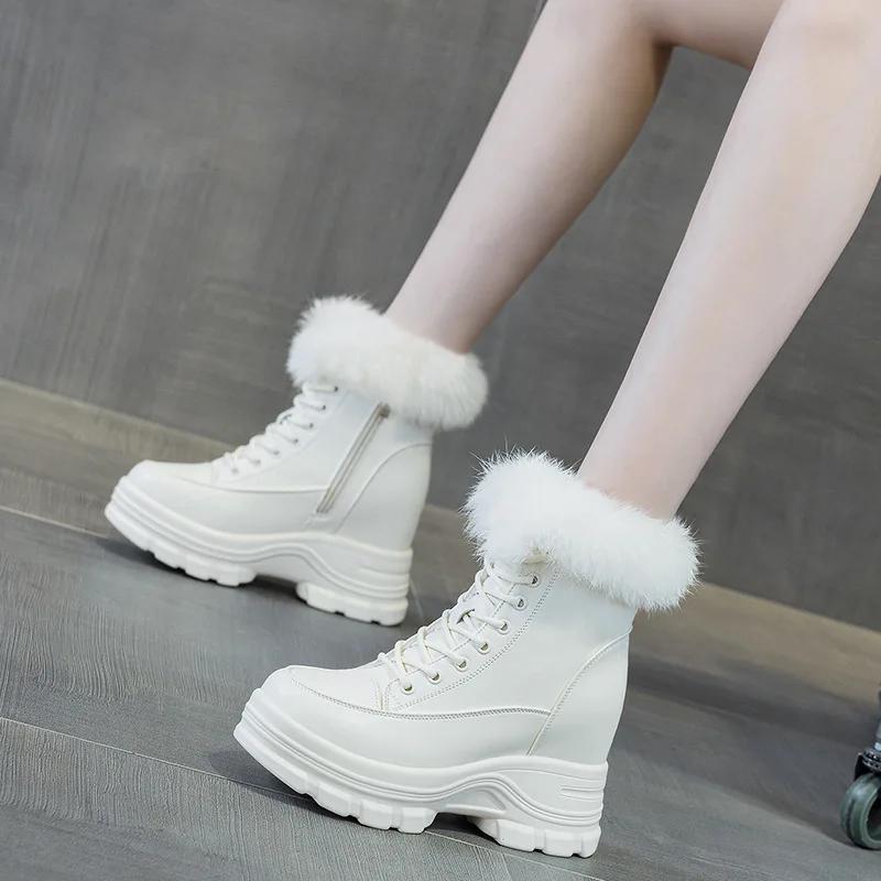 Fashion 9CM Genuine Leather Fashion Women Ankle Booties Platform Wedge Flats Winter Plush Autumn Warm Boots Spring Shoes Chimney