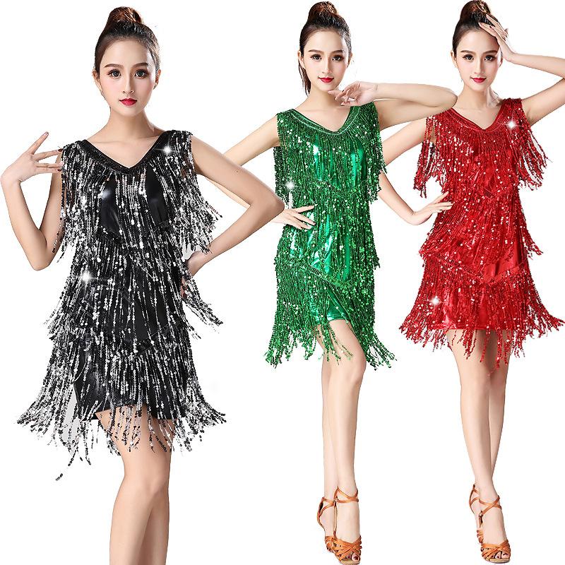 Women Latin Dress Shiny Sequin Sleeveless Tassels Fringed Dress Tango Samba Rumba Ballroom Salsa Jazz Dance Performance Costume