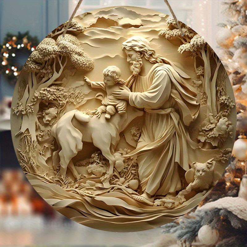 1 Stück Holzschild mit der Krippe von Jesus – 2D-Reliefeffekt, runder Wandbehang für Kirche und Heimdekoration, perfekte Weihnachtsdekoration, Weihnachtsdeko