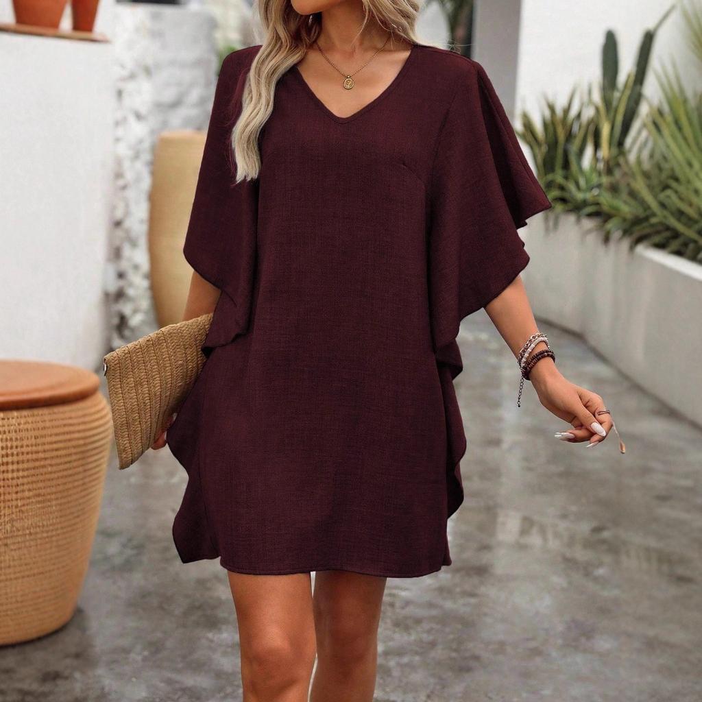 New Solid Color V-neck Ruffle Sleeve Loose Straight Casual Dress for Women, European & American Style Crossbody Dress