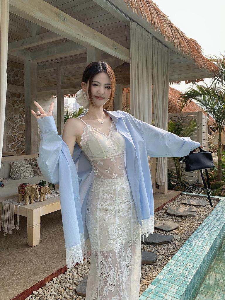 Women's Blue Spliced Lace Shirt Jacket - 2025 Korean Design, Loose Fit, Sun Protection for Summer