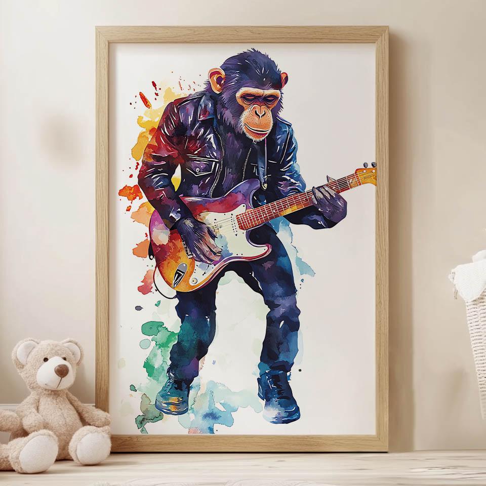 Plakat Małpa Z Gitarą Plakat Małpa Z Gitarą, 50X70 Cm, Rama Drewniana Jasny Dąb, Papier Matowy 230 Gsm