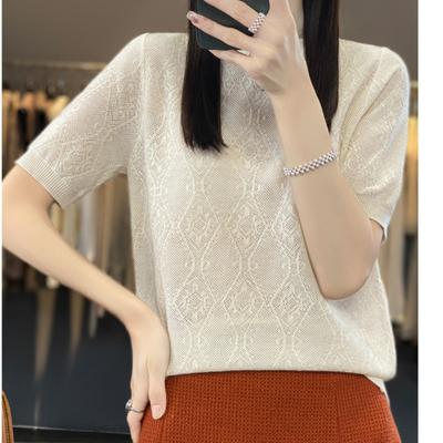 Damski T-shirt z krótkim rękawem z okrągłym dekoltem, imitujący wełnę, na lato, cienki, luźny, dzianinowa koszulka bazowa, jednolity kolor, top z rękawem do połowy.