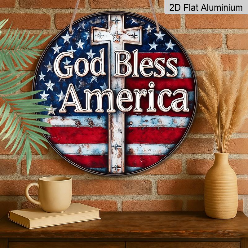 2D Flat, 1pc Vintage "God Bless America" Patriotic Metal Sign with US Flag & Cross Wall Decor, Ideal for Home, Office, for Man Cave, Veterans Day