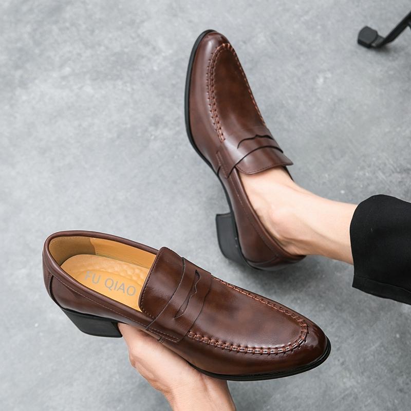 Men Penny Loafers With Heel 6CM Leather Shoes Business Elegant Wedding Party Casual Dress Shoes Brown Black Lift Shoes for Men