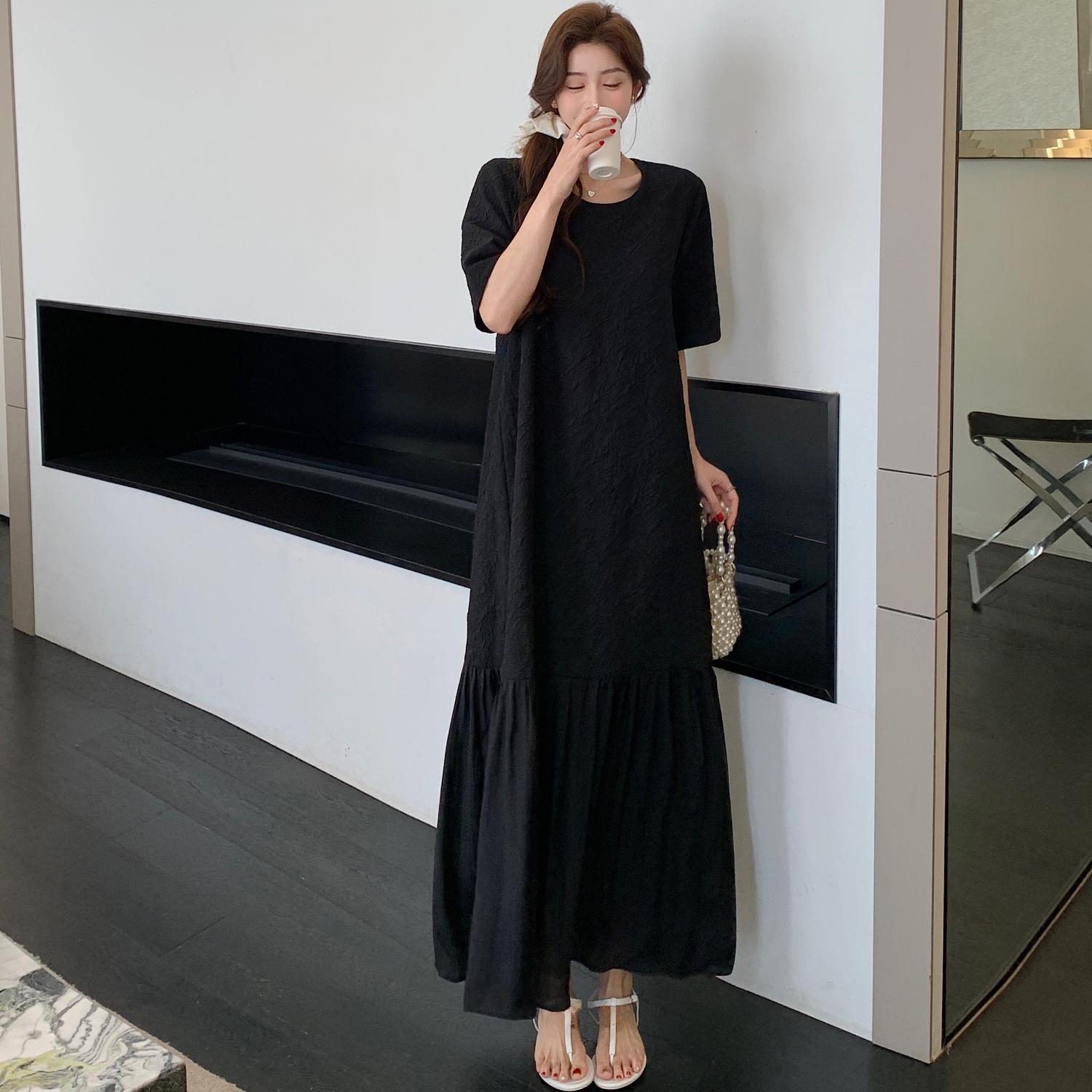

DIMANAF 2025 Summer Plus Size Dress Women Casual Vintage Dress Basic Loose Black O-Neck Long Dress 3XL чёрный