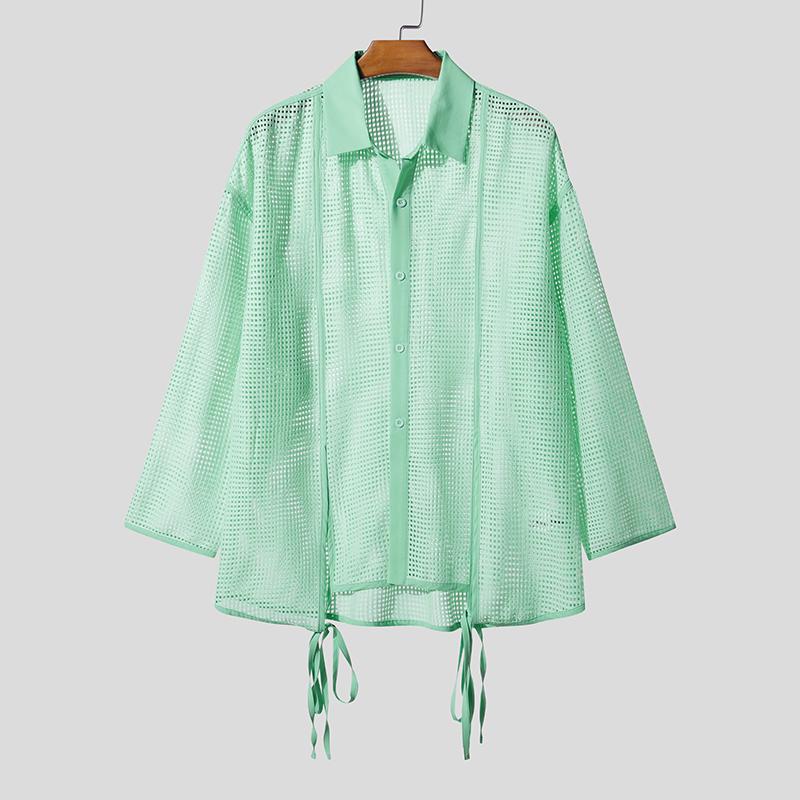 INCERUN Men Lapel Neck Long Sleeve Hollow Out Fishnet Mesh Sheer Beach Shirts Tops 