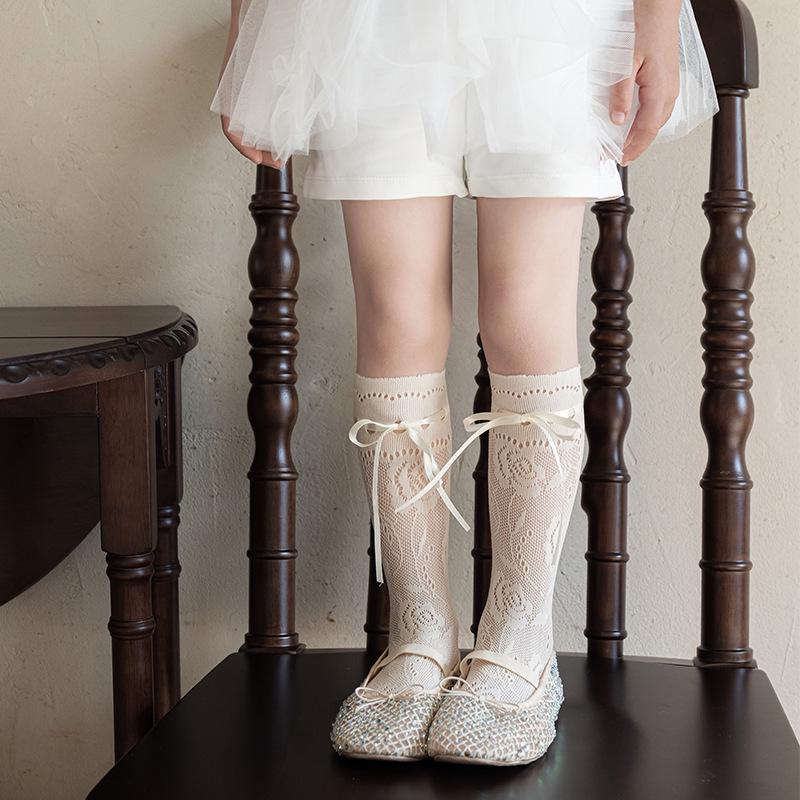 Girls Spring/Summer Lace Bow-Tie Ruffled Lolita Rose Mid-Calf Socks One Size