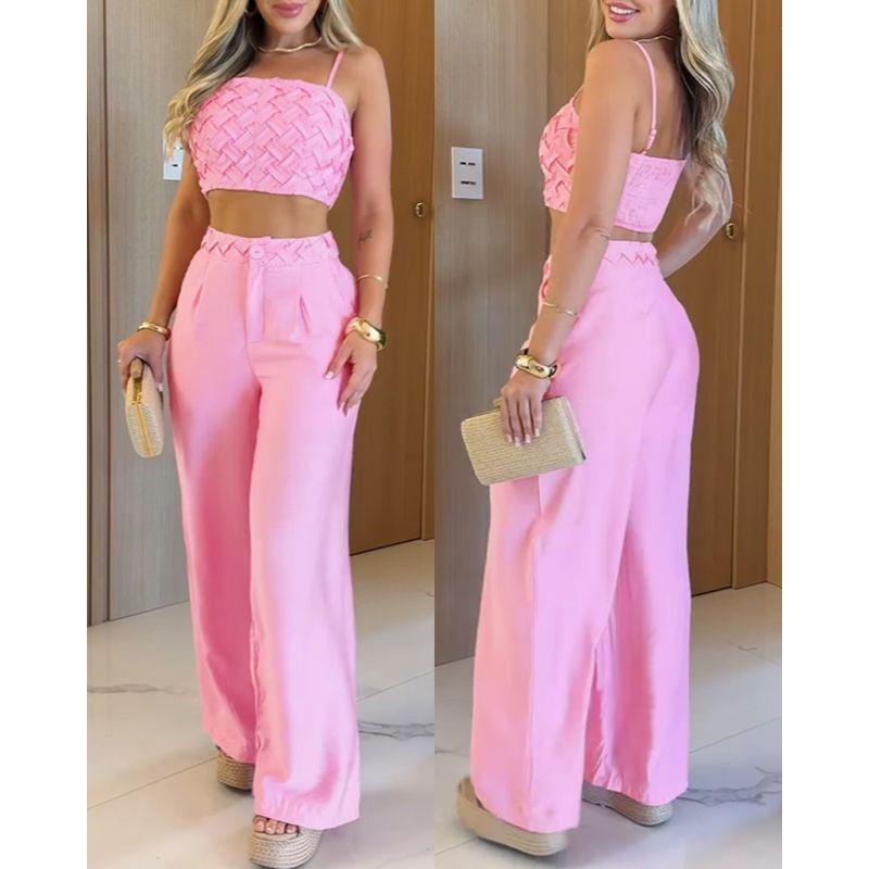 

Woven Texture Sling Short Top + Wide Leg Pants Set Pink XL