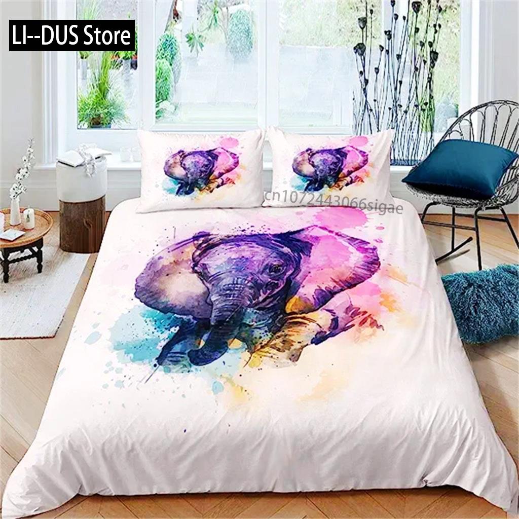 Comforter Cartoon Elephant Cute Animal Girls Boys Kawaii Room Decor Flower Branches Cartoon Elephant Purple Blue Comforter (quilt)-EU Single(135*200cm)3pcs