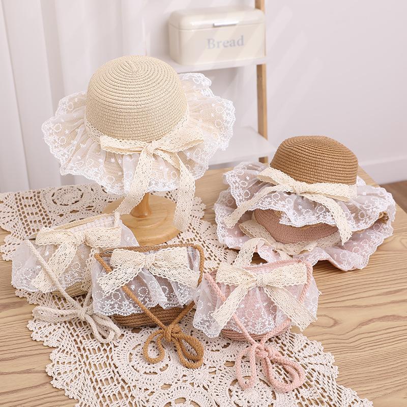New children's straw hat, girls' summer eaves lace edge straw, breathable streamer bow sunscreen visor