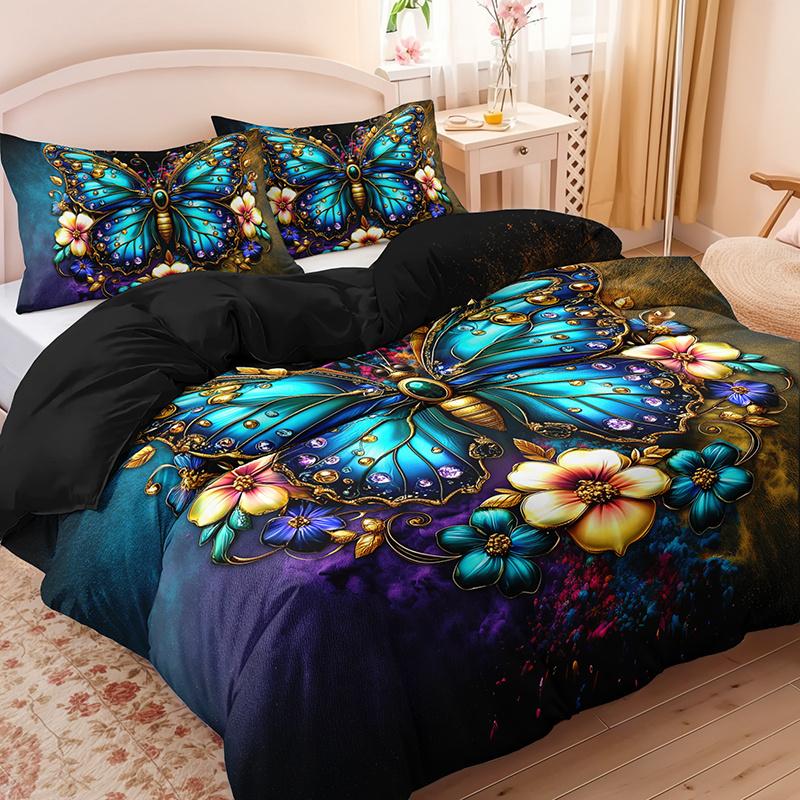 3Pcs Bohemian Butterfly Bedding Duvet Cover Set Luxury Butterfly Bedding Quilt Set Butterfly Themed Elegant Bedroom Decor