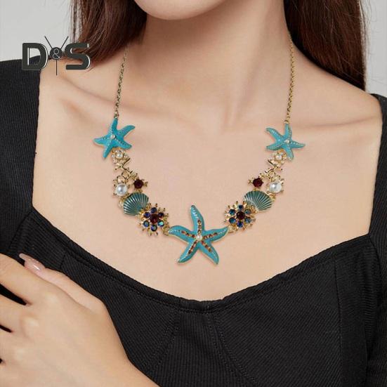Exaggerated Women Necklace Ocean Theme Starfish Coral Shell Hollow Out Faux Pearl Rhinestone Decor Adjustable Length Lady Vacation Beach Neck Jewelry