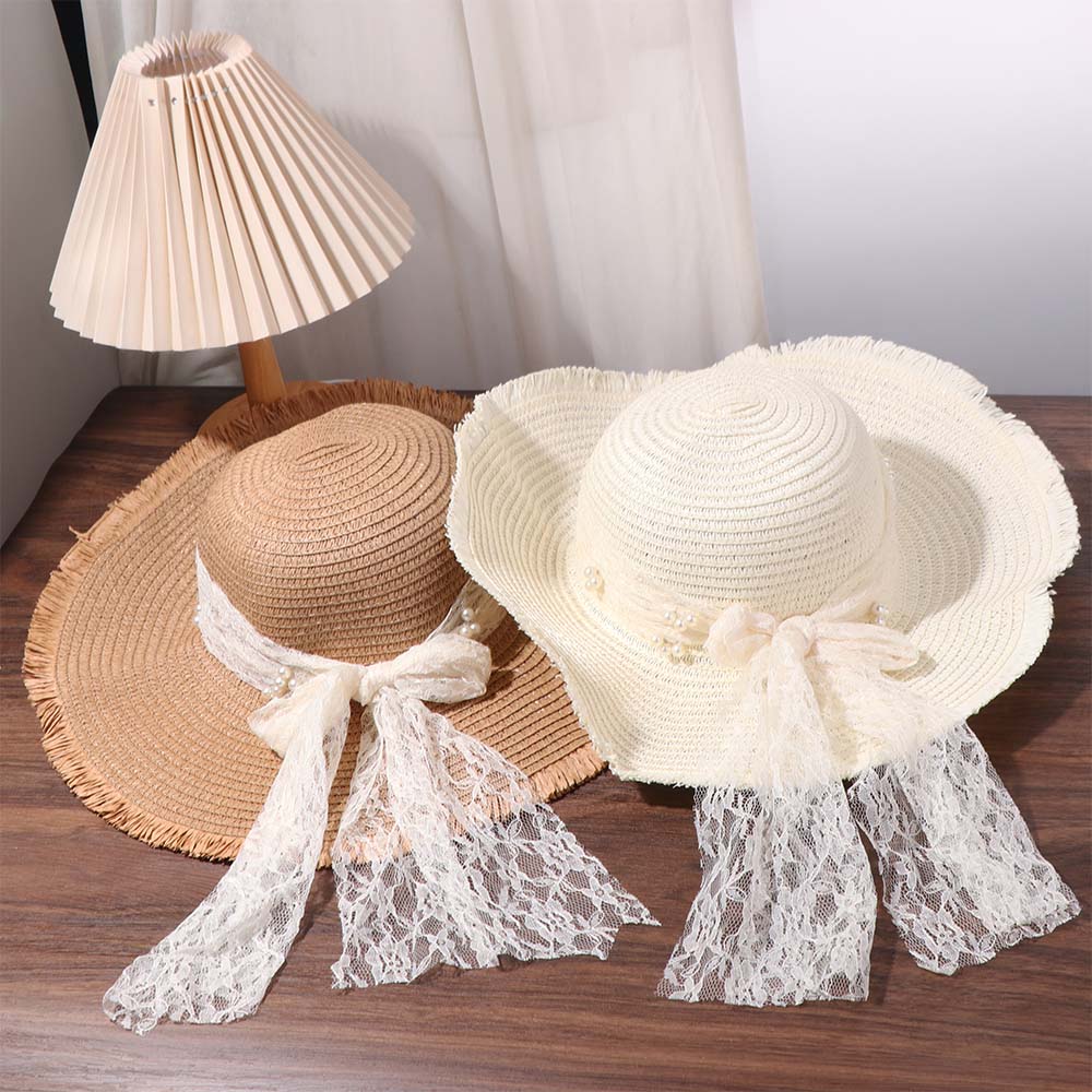 Spring Summer Lace Pearls Straw Hat French Style Women's Sun Hat Bow Ribbon Straw Hat Girls