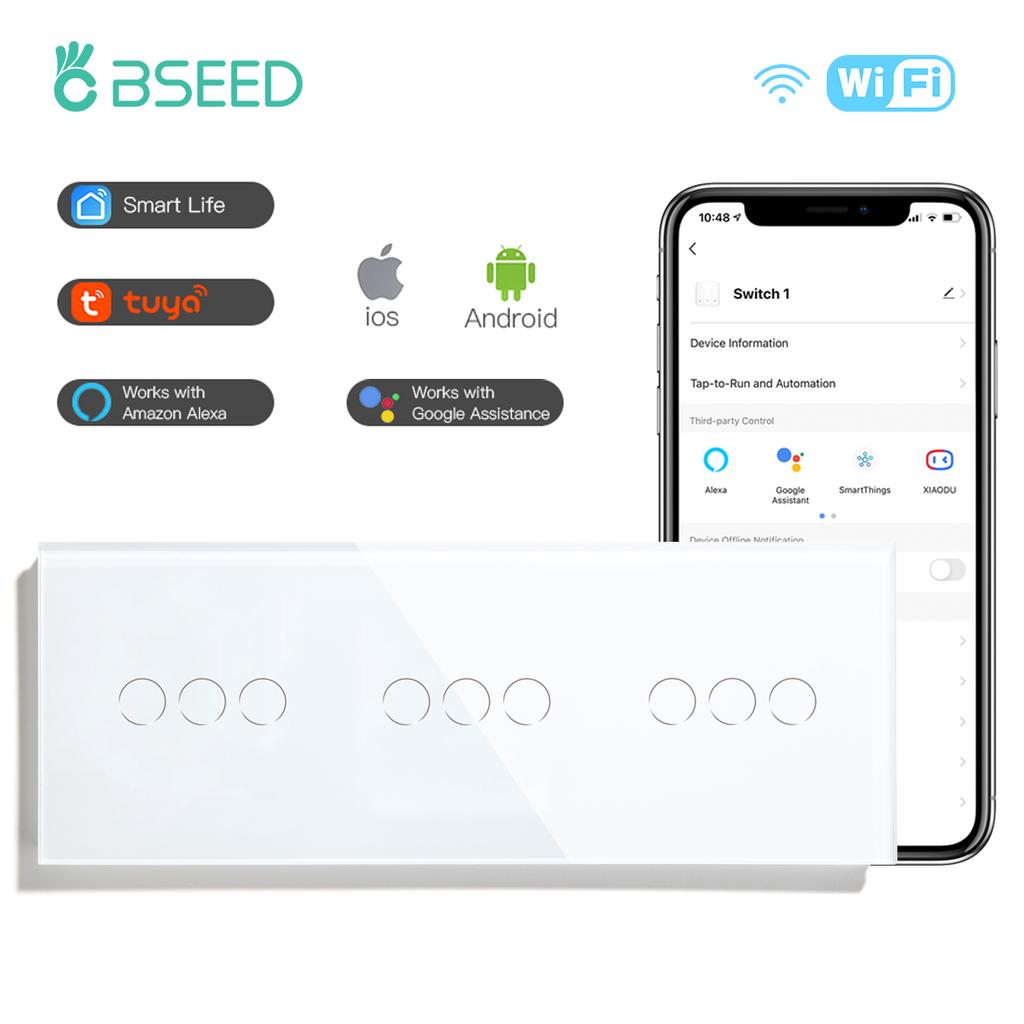 BSEED  Wifi 1/2/3Gang Smart Touch Switches 1/2/3Way Wall Light Switches Tuya Smart Life App Control Plus Sockets EU Standard