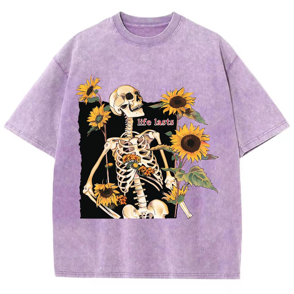 Camiseta de Verano para Mujer Y2K Ropa de Mujer Ventas Oversize Estampado Calavera Girasol Holgada Lavada Tendencia Manga Corta