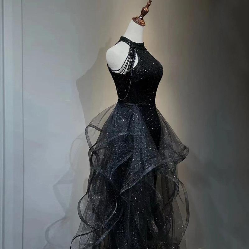 Black Sequined Evening Dress Dress Women's 1011 New Dress Trailing Party Host Adult Evening Dress One