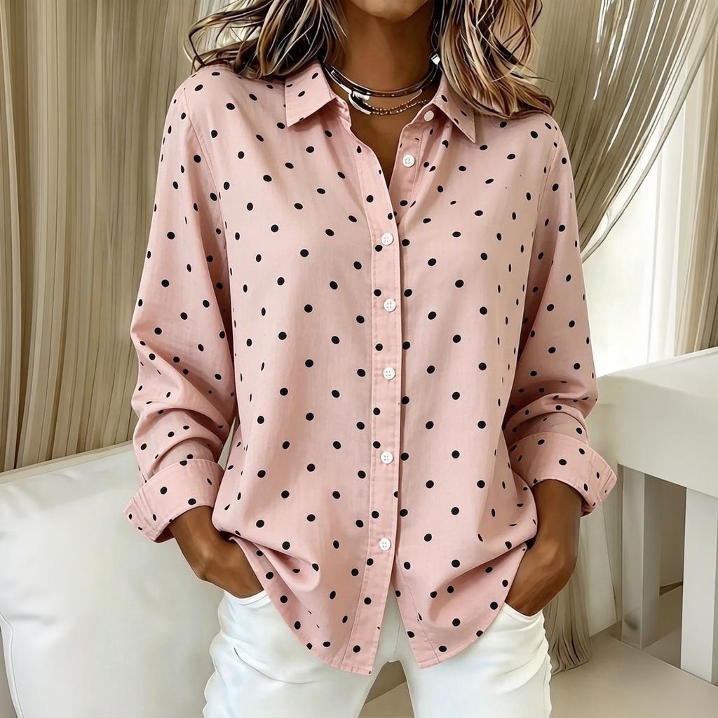 Dameslosvallend Stippen Lange Mouwen Blouse met Kraag voor de Herfst - Veelzijdige Casual Top