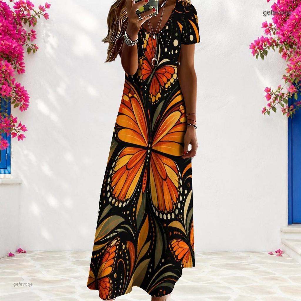 Women Plus Size V Neck Short Sleeve Butterfly Floral Printed Straight Maxi Dress