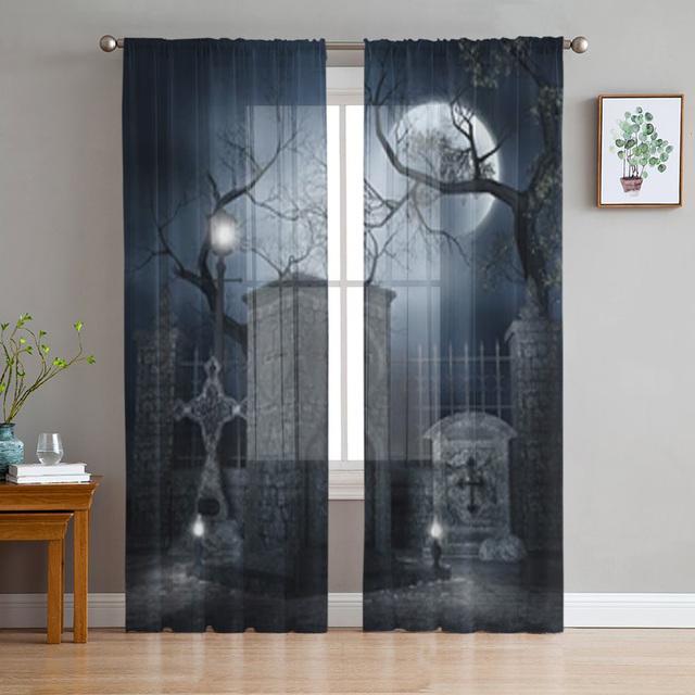 Gothic Vintage House Sheer Voile Curtains for Living Room Bedroom Kitchen Horror Theme Mysterious Landscape Tulle Window Curtain