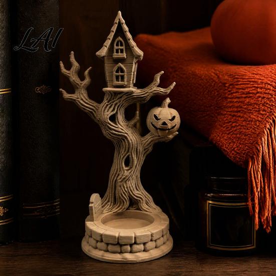 Detailed Resin Style Figurines 3D Printed Halloween Tree House Ornament with Pumpkin Spooky Table Realistic Pumpkin Face Statues Centerpiece,
