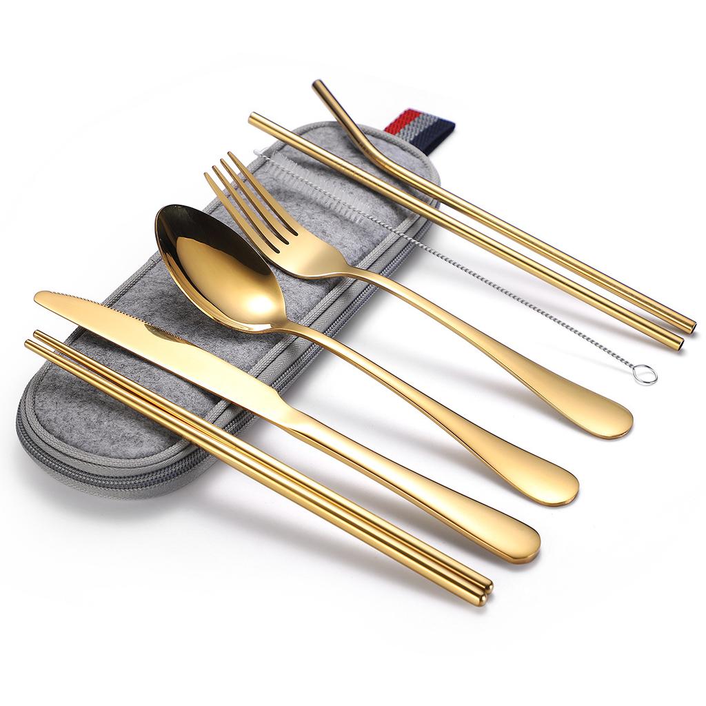 Stainless Steel Tableware Set, Portable 7-piece Set, Knife, Fork, Spoon, Chopsticks, Straw, Camping Supplies Storage, Cross-border Durability 2026
