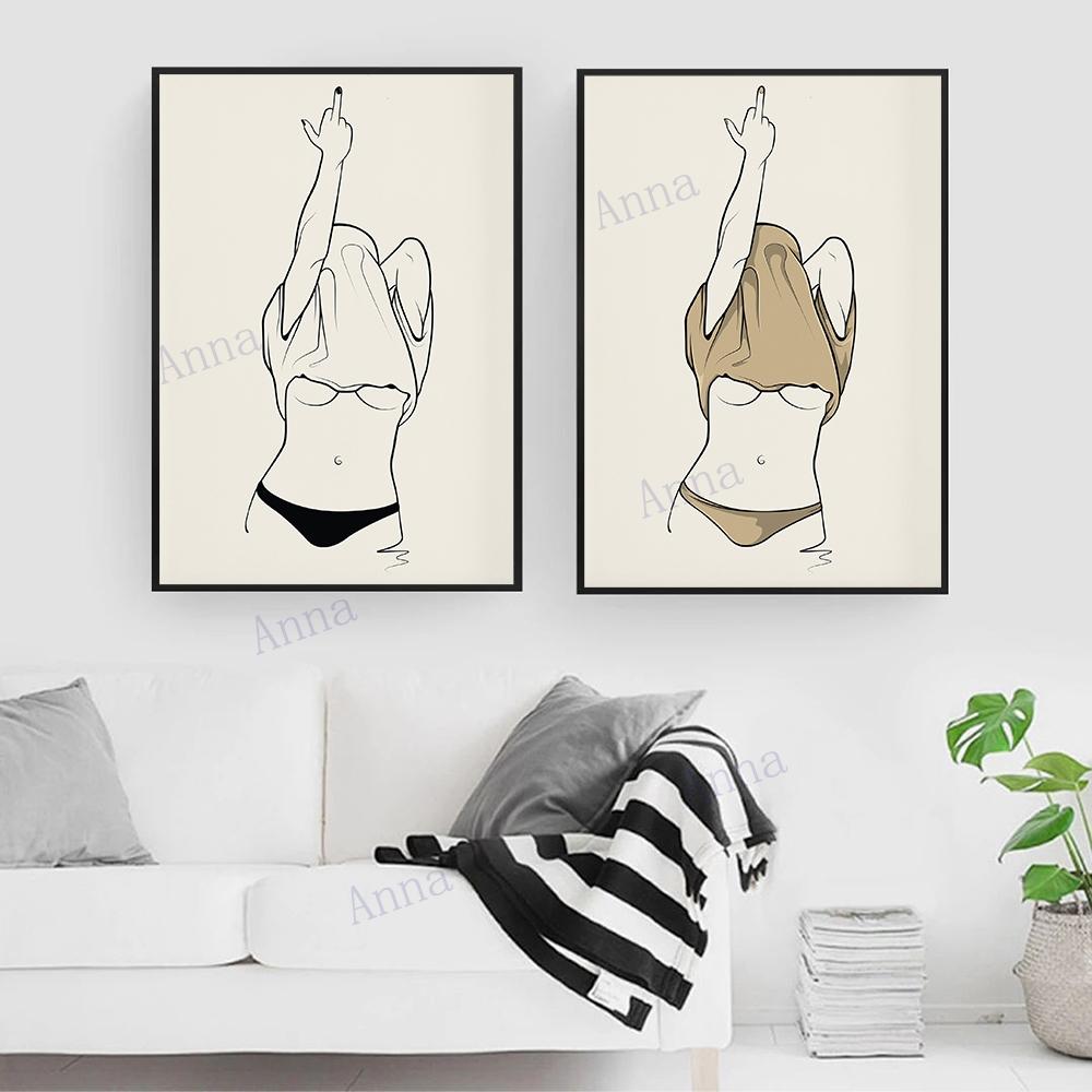 Fashion Black White Poster Sexy Middle Finger Line Feminist Canvas Painting Wall Art Woman Pictures Living Room Decor