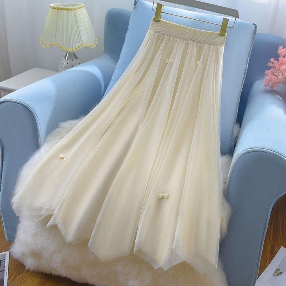 Summer Fashion Women s High Waist Slim Mesh Pleated Skirt Half Length Irregular Temperament A-line Skirt one size абрикосовый